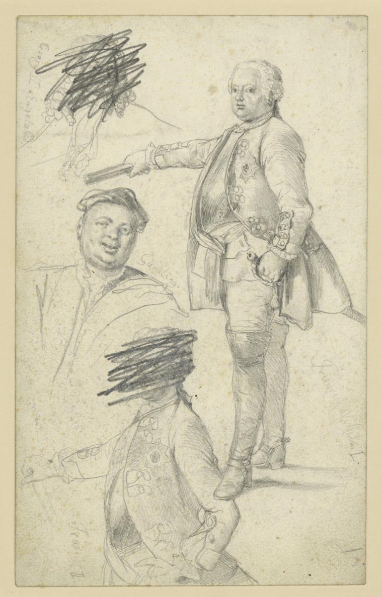 Georg II. König von England, Friedrich Wilhelm I. König von Preußen, J.P. von Grundling, Friedrich II. König von Preußen, zwei Köpfe getilgt