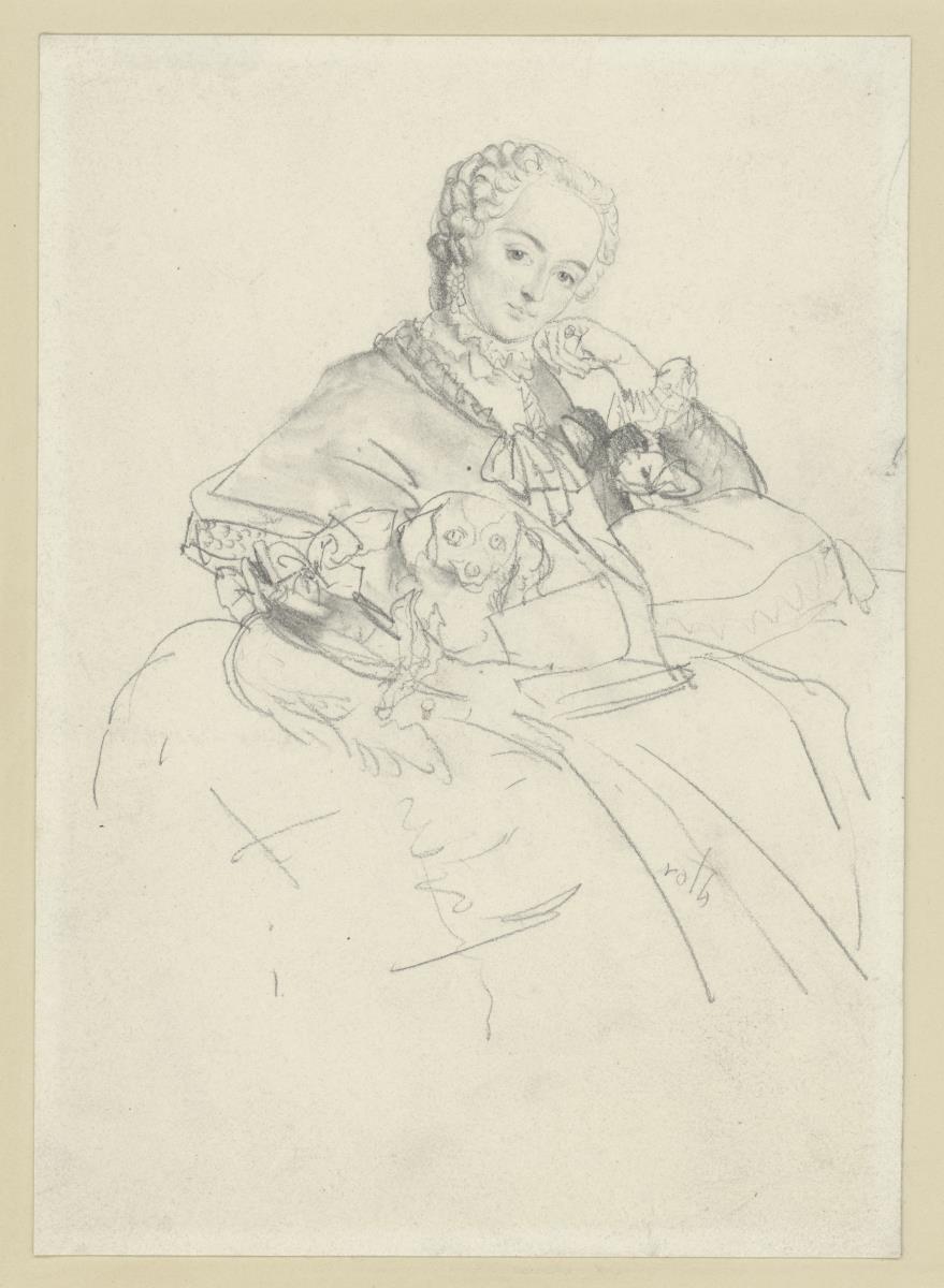 Amalie Prinzessin von Preußen. Den Kopf auf die Linke gestützt, mit Schoßhund und Buch
