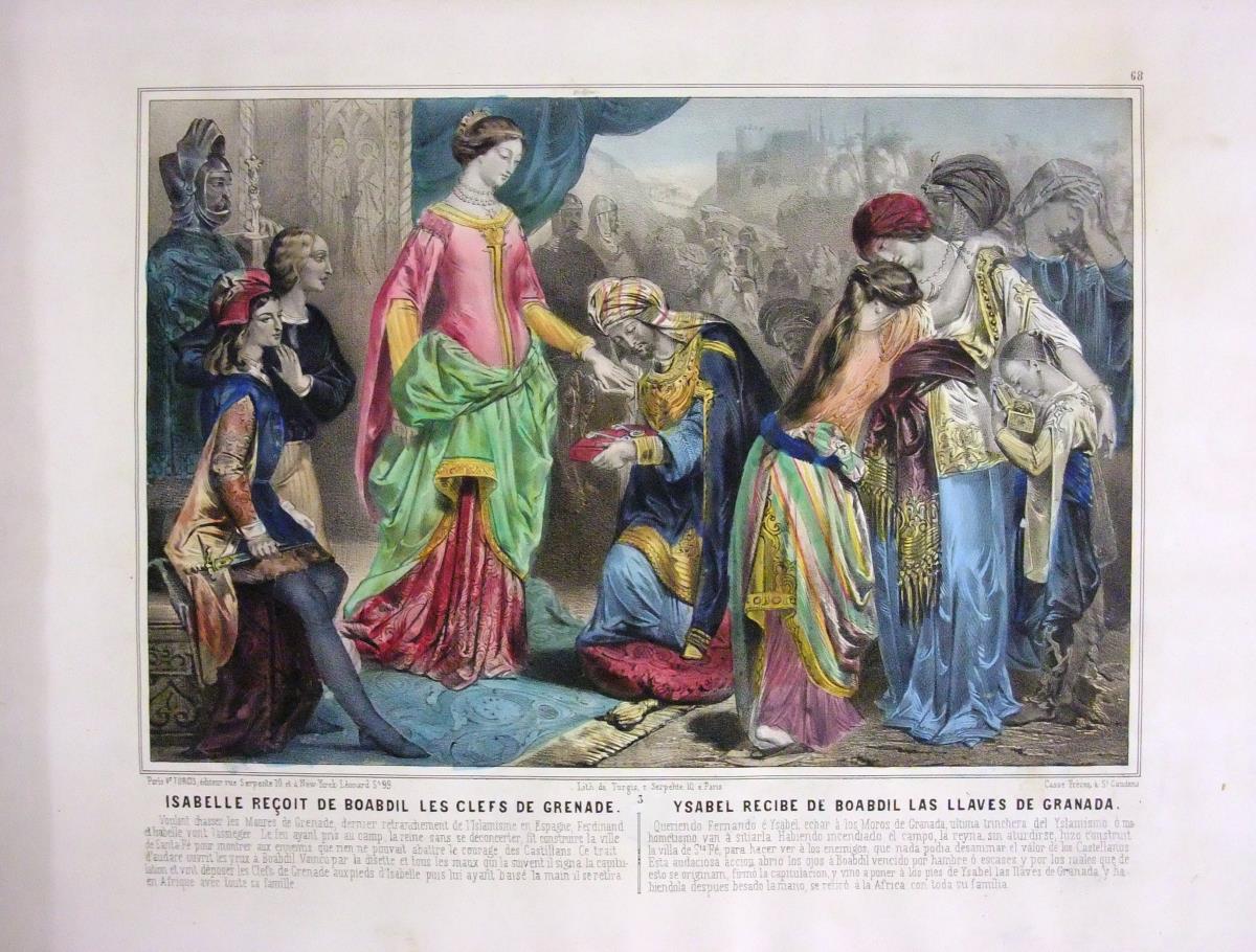 Isabelle recoit de Boabdil les clefs de Grenade. Ysabel recibe de Boabdil las llàves de Granada.