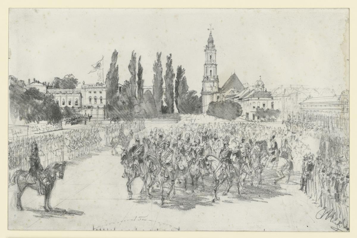 Studie zum Gemälde "Parade Victor Emanuel am Stadtschloß in Potsdam" mit Konstruktionslinien