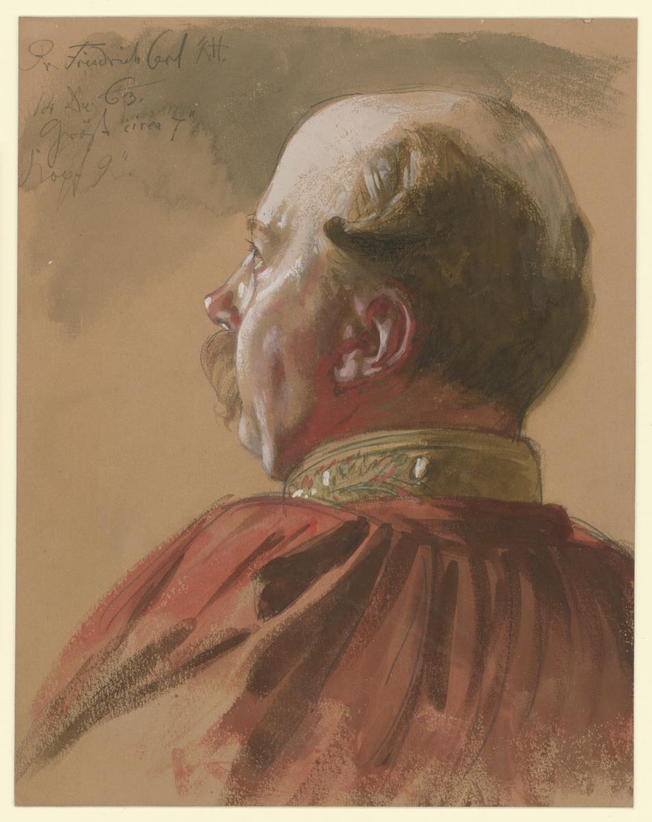 Friedrich Karl Prinz von Preussen, halb überschnittenes Profil nach links, Porträtstudie zu "Die Krönung Wilhelms I. in Königsberg"