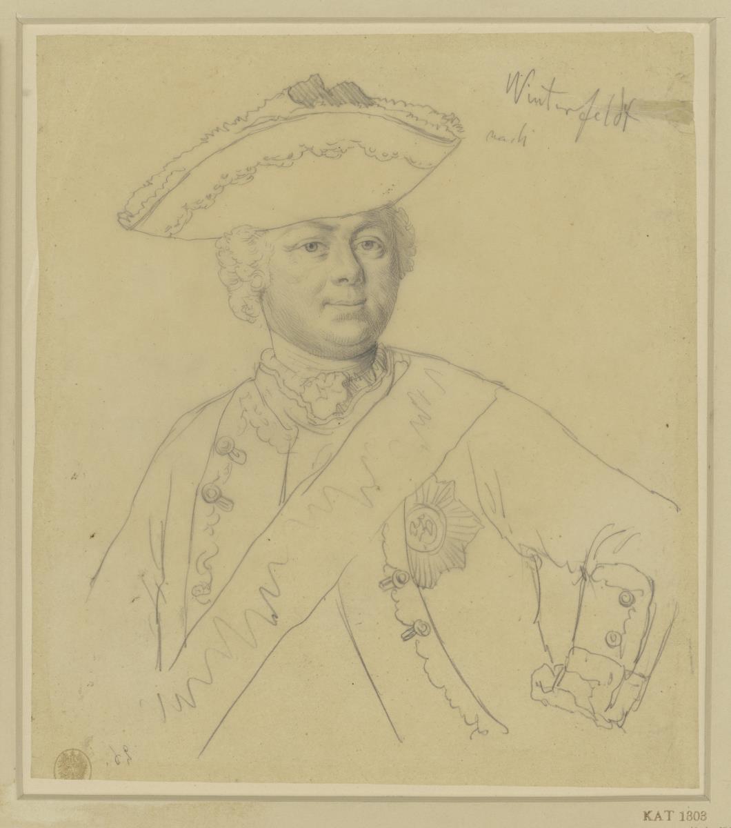Hans Karl von Winterfeldt. Brustbild en face, mit Dreimaster, den linken Arm in die Seite stützend