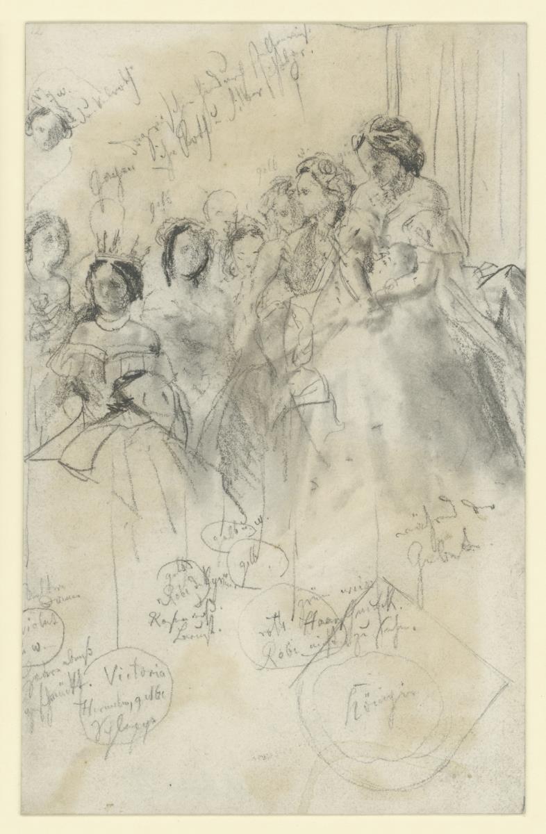 Skizzen zur Königin Augusta und Kronprinzessin victoria im Kreide von Hofdamen. Studie zum Gemälde "Krönung Wilhelms I. in Königsberg"