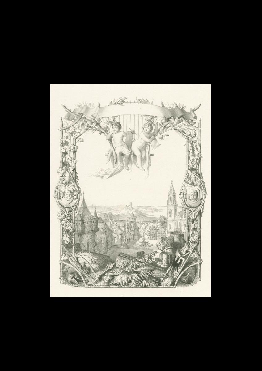 Kleinstadtansicht mit Burgruine. Eindruckblatt vor der Schrift