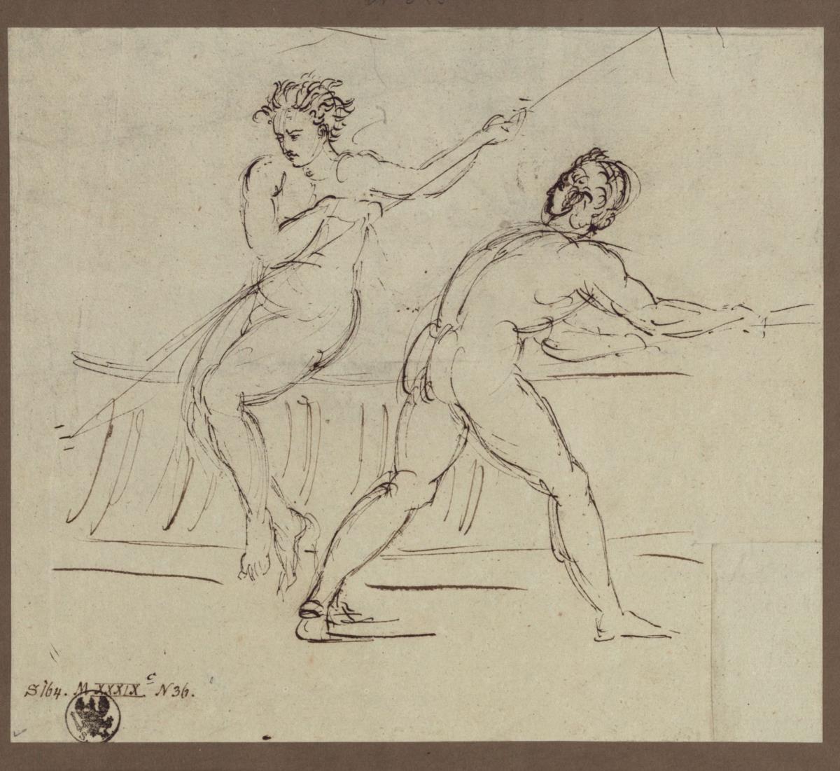 Berlin. Altes Museum am Lustgarten, Vorhalle. Zwei Studienfiguren, wohl für die Schiffer im Wandgemälde "Die Entwicklung des Lebens auf der Erde vom Morgen zum Abend"