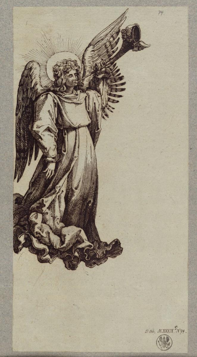 Engel, Posaune blasend, basierend auf einer Vorlage aus dem Umkreis Albrecht Dürers