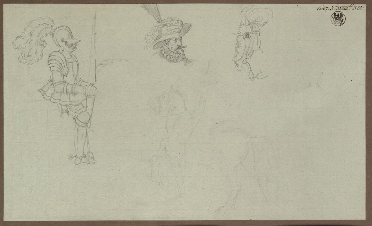 Ein Ritter in Rüstung zu Pferde & Kopf eines Mannes in spanischer Tracht & Ein Pferdekopf & Ein Pferd