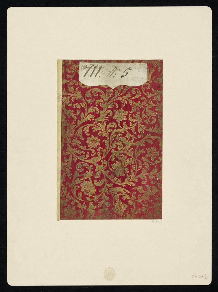 Brokatpapier (Akanthus mit Blüten, Tieren, Putto und gekröntem Doppeladler)