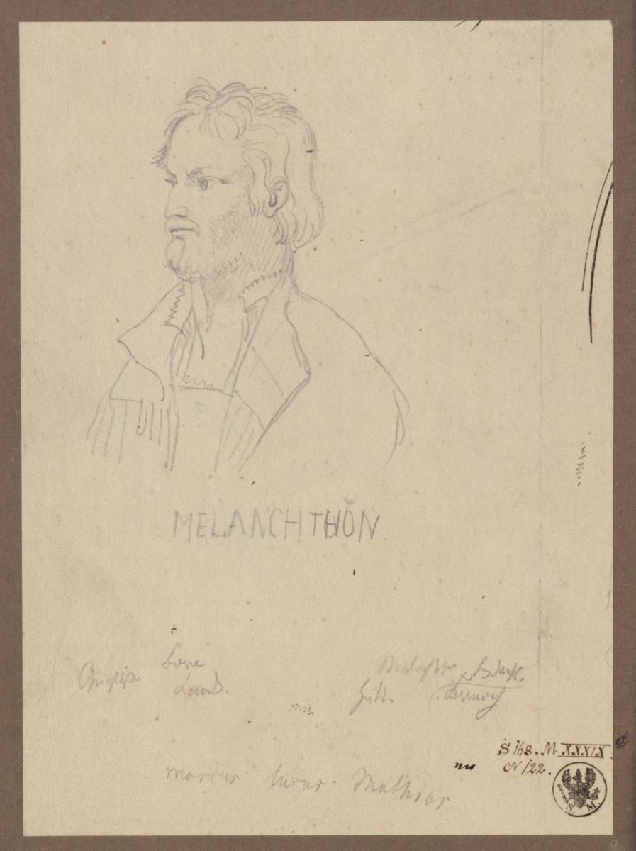 Brustbildnis von Philipp Melanchthon in Dreiviertelansicht nach links & Notizen