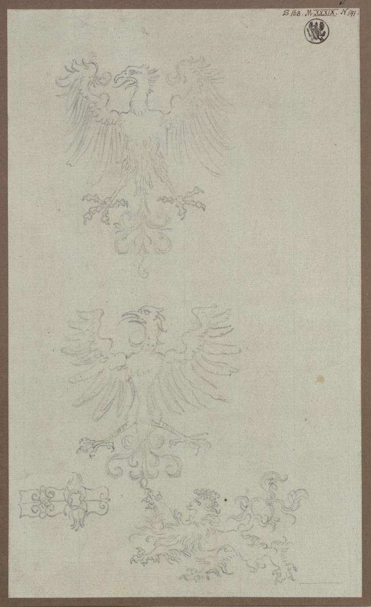 Zwei heraldische Adler & Ein heraldischer Löwe & Eine ornamentale Schließe / Ein Beschlagblech