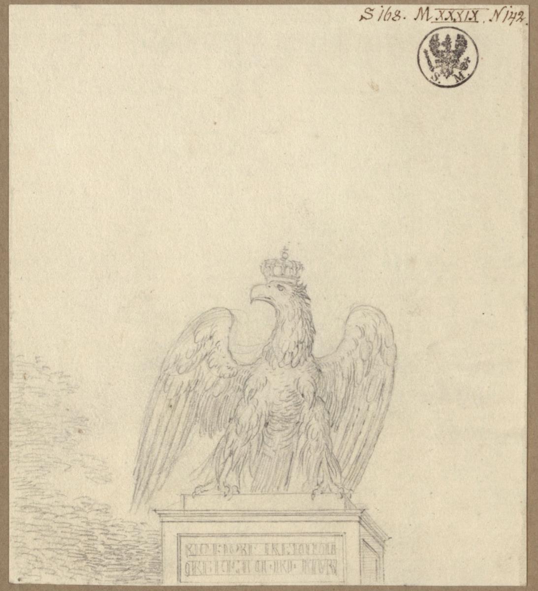 Ein gekrönter Adler auf einem Postament mit angedeuteter Inschrift
