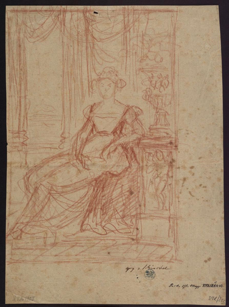 Eine Dame in einem Interieur mit Ausblick in die Landschaft