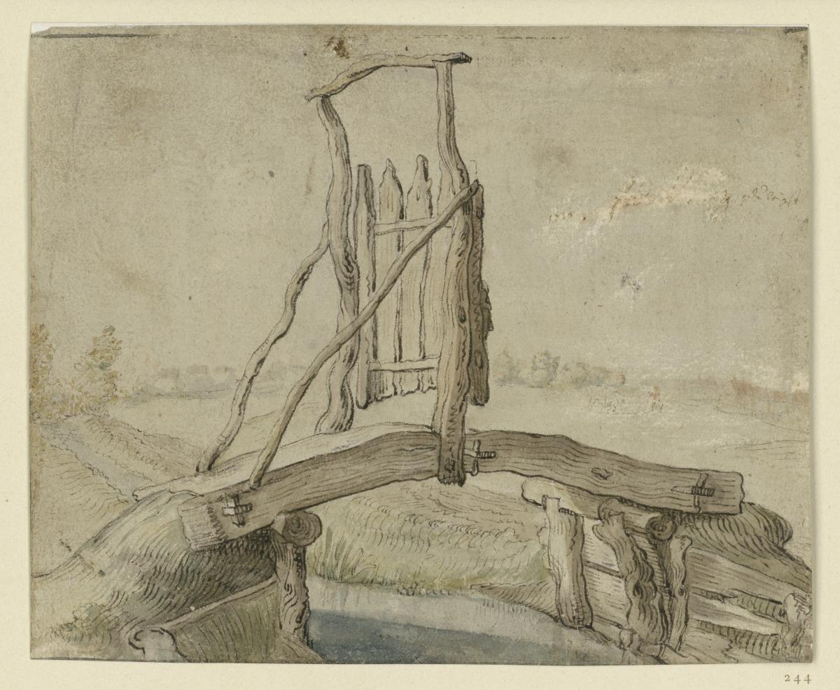 Kleine Holzbrücke mit einer Tür (Skizzenbuchblatt)