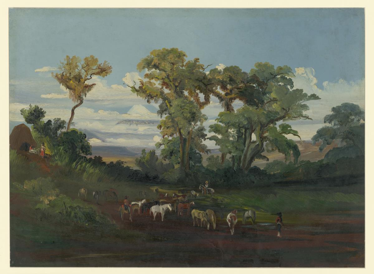 Vaqueros und Pferde an einem Tränkplatz auf der Hacienda ""Pacho viejo"". Im Hintergrund der Pico de Orizaba