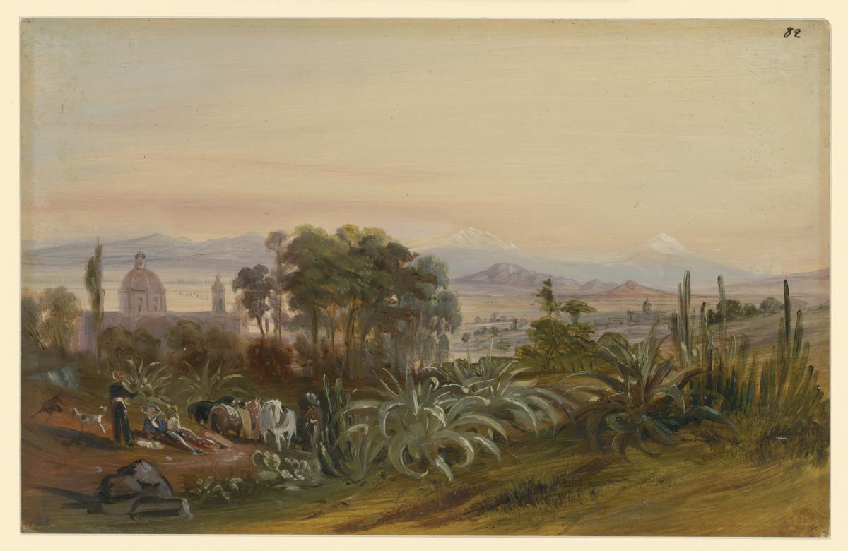 Blick von Tacubaya auf die Bergketten der Sierra Nevada mit den Gipfeln von Popocatepetl und Ixtacchihuatl. Im Vordergrund Manguey-Pfanzen und lagernde Reiter, dahinter der Bischofspalast