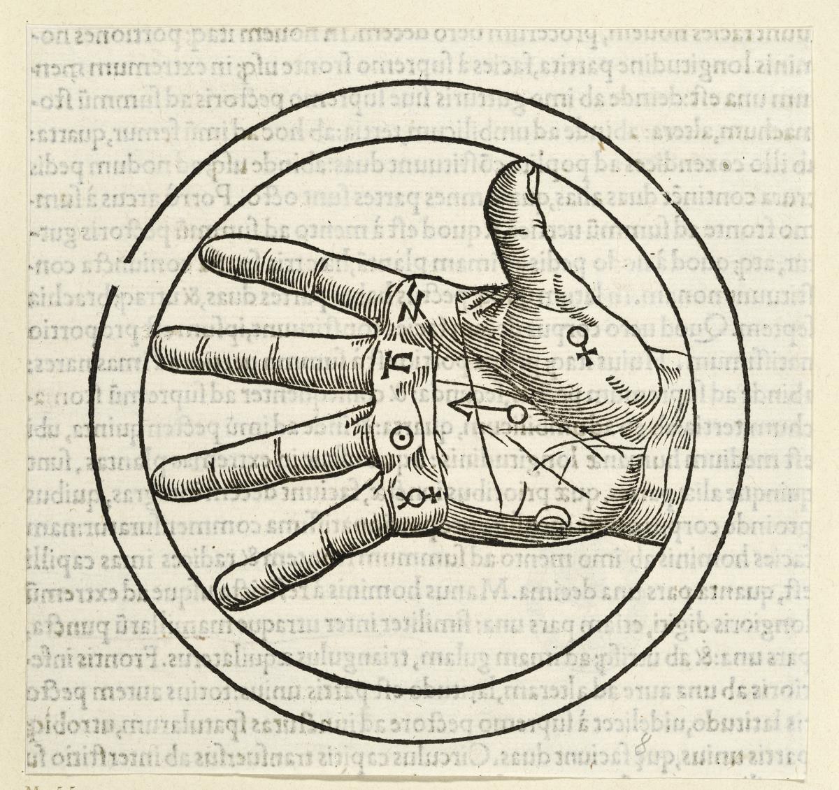 Hand mit sieben Himmelszeichen auf der Handfläche