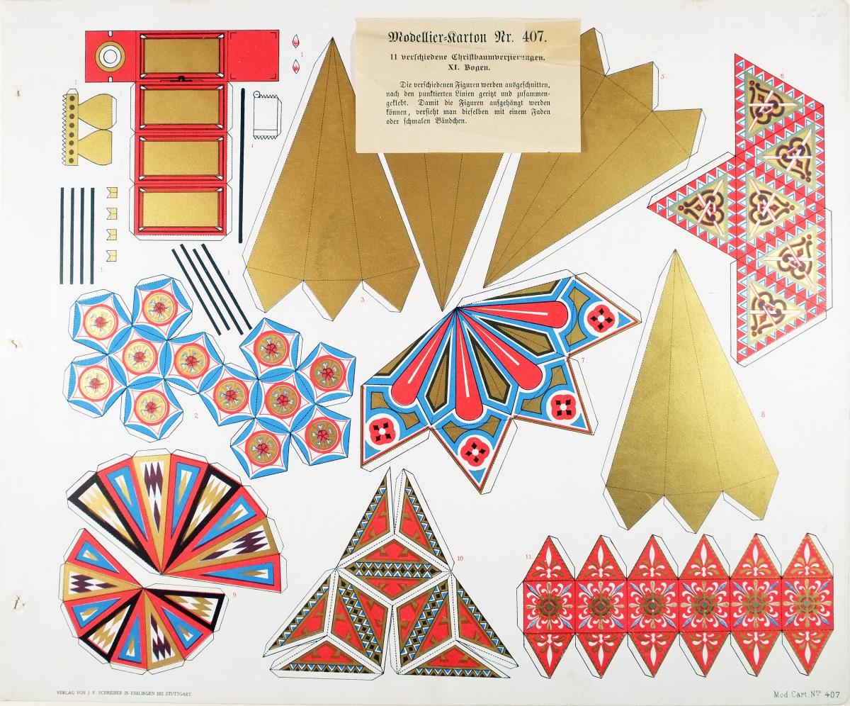 Modellier-Karton Nr. 407 11 verschiedene Christbaumverzierungen. XI. Bogen.