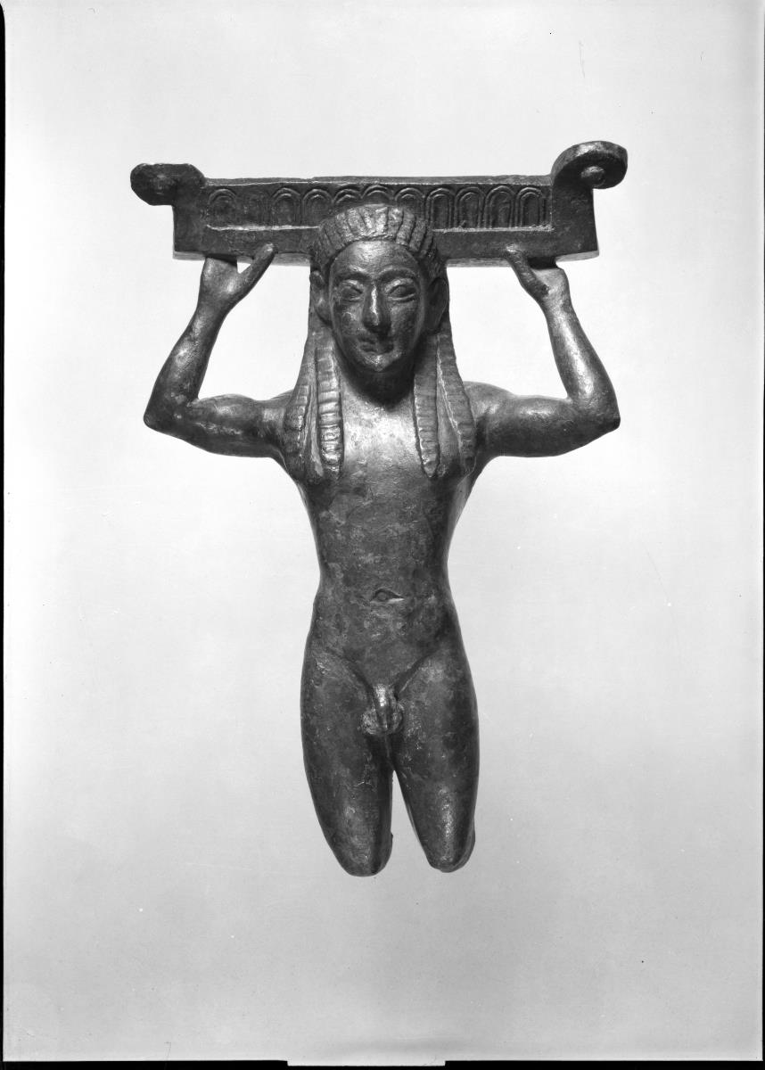 Gerätestütze: Kniender Knabe als  Stütze eines Bronzebeckens