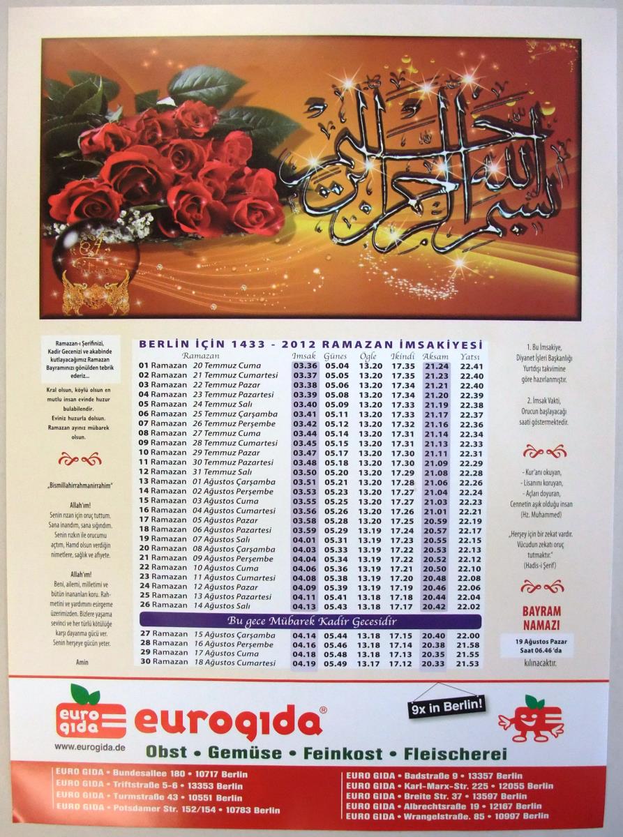 BERLIN IÇIN 1433 - 2012 RAMAZAN IMSAKIYESI