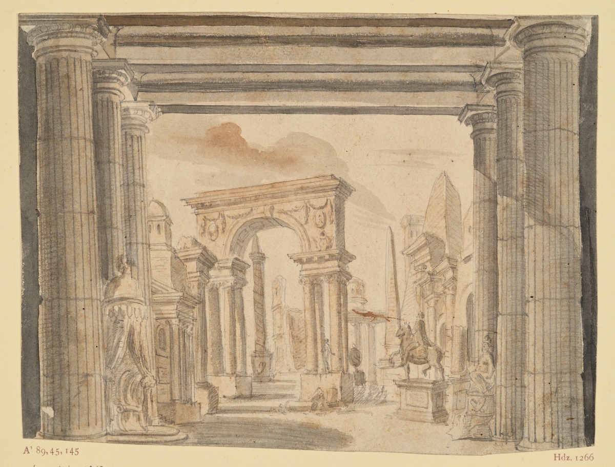 Proszenium mit antiken Säulen. Triumphbogen, Pyramide, Reiterstatue und Baldachinthron als Dekor