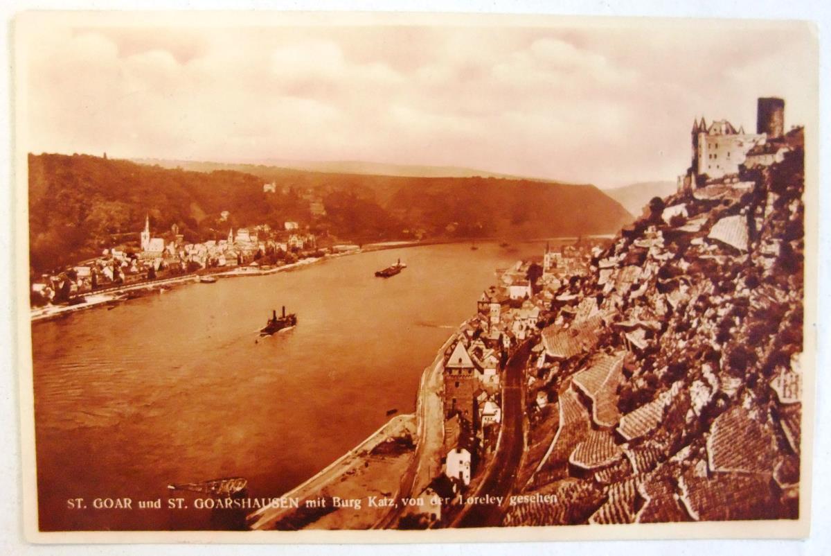 St. Goar und St. Goarshausen mit Burg Katz, von der Loreley gesehen