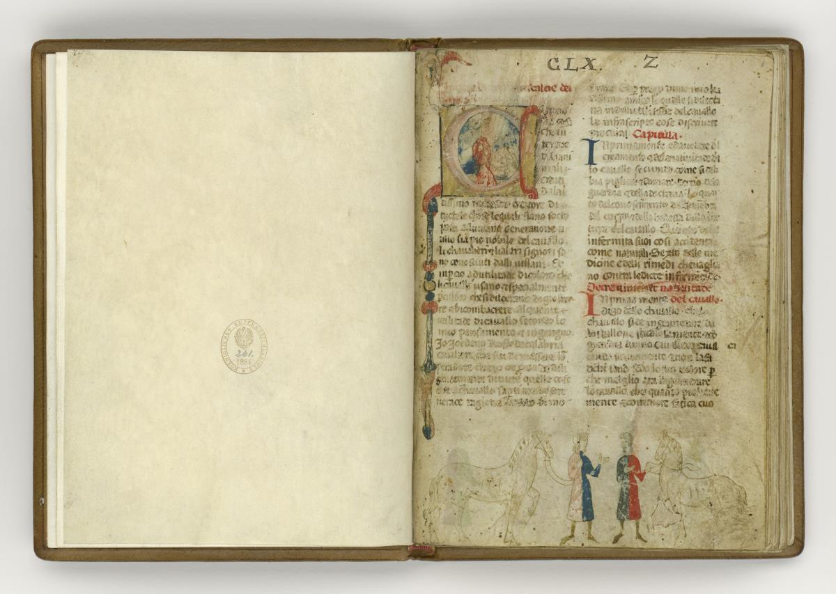 Giordano Rosso, Libro delle Mariscalcie dei cavalli. Initiale C, darin ein Reiter in Halbfigur, unten zwei Knechte mit zwei gegeneinander schreitenden Pferden