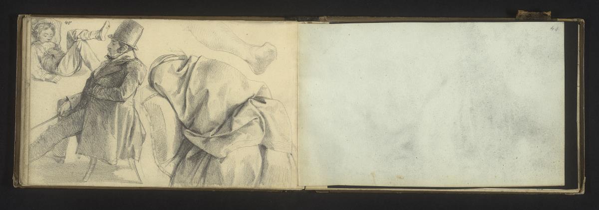 Ruhender Knabe, sitzender Mann in Zylinder und Mantel, Beinstudie, Faltenstudie