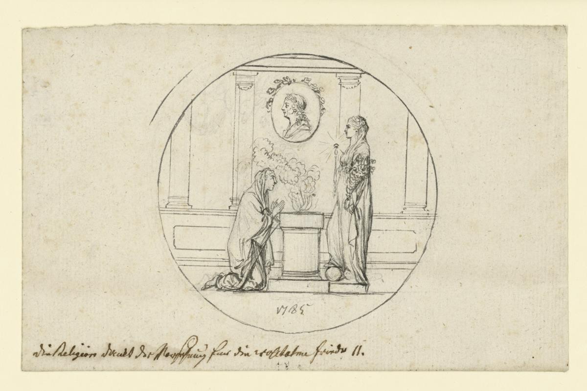 Entwurf zur Denkmünze: Dankopfer vor dem Relief Friedrich des Großen (Die Religion dankt der Vorsehung für die Wohltaten Friedrich II)