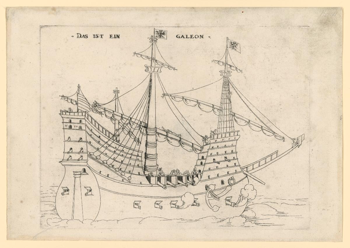 1 Blatt Schiff mit Aufschrift: Das ist ein Galeon