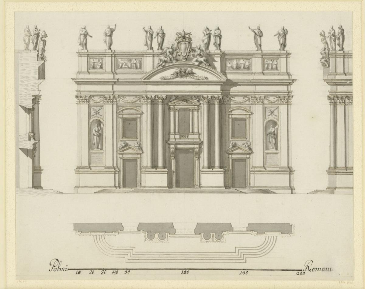 Fassade St. Maria sopra Minerva, Ansicht, Grundriss, zwei Schnitte