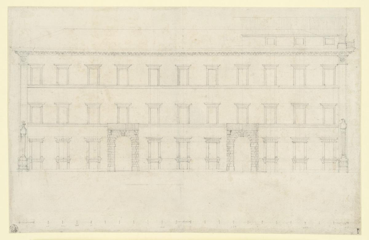 Aufriss der zur Via Giulia gelegenen Fassade des Palazzo Falconieri