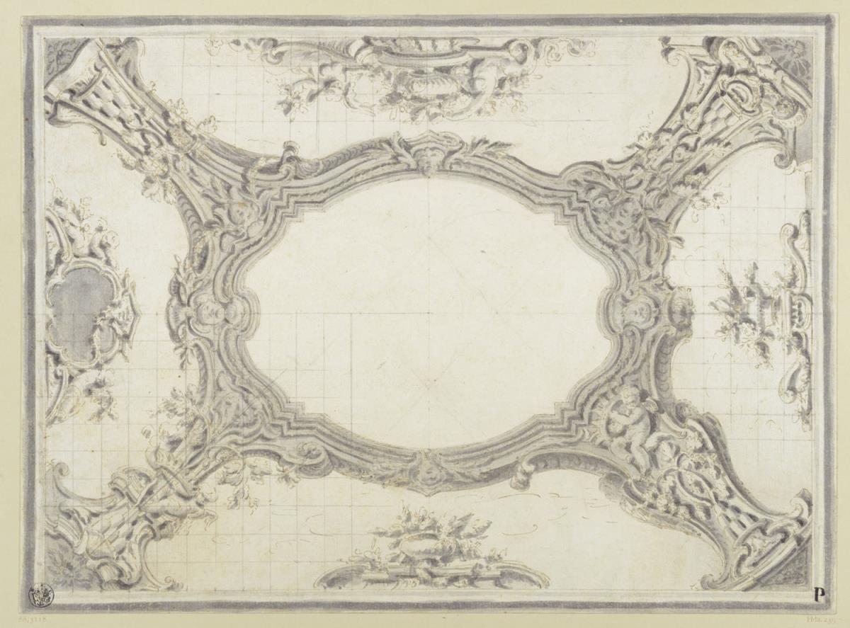 Deckenentwurf mit ovalem Mittelfeld mit Wappen-Embleme der Fürsten Ruspoli