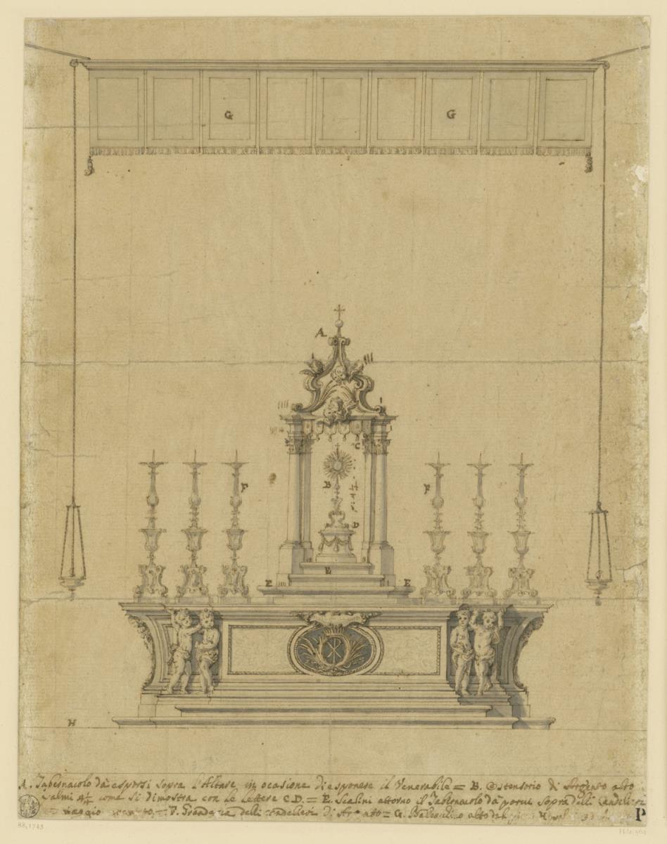 Altar mit Tabernakel, Monstranz und Ostensorium unter Baldachin