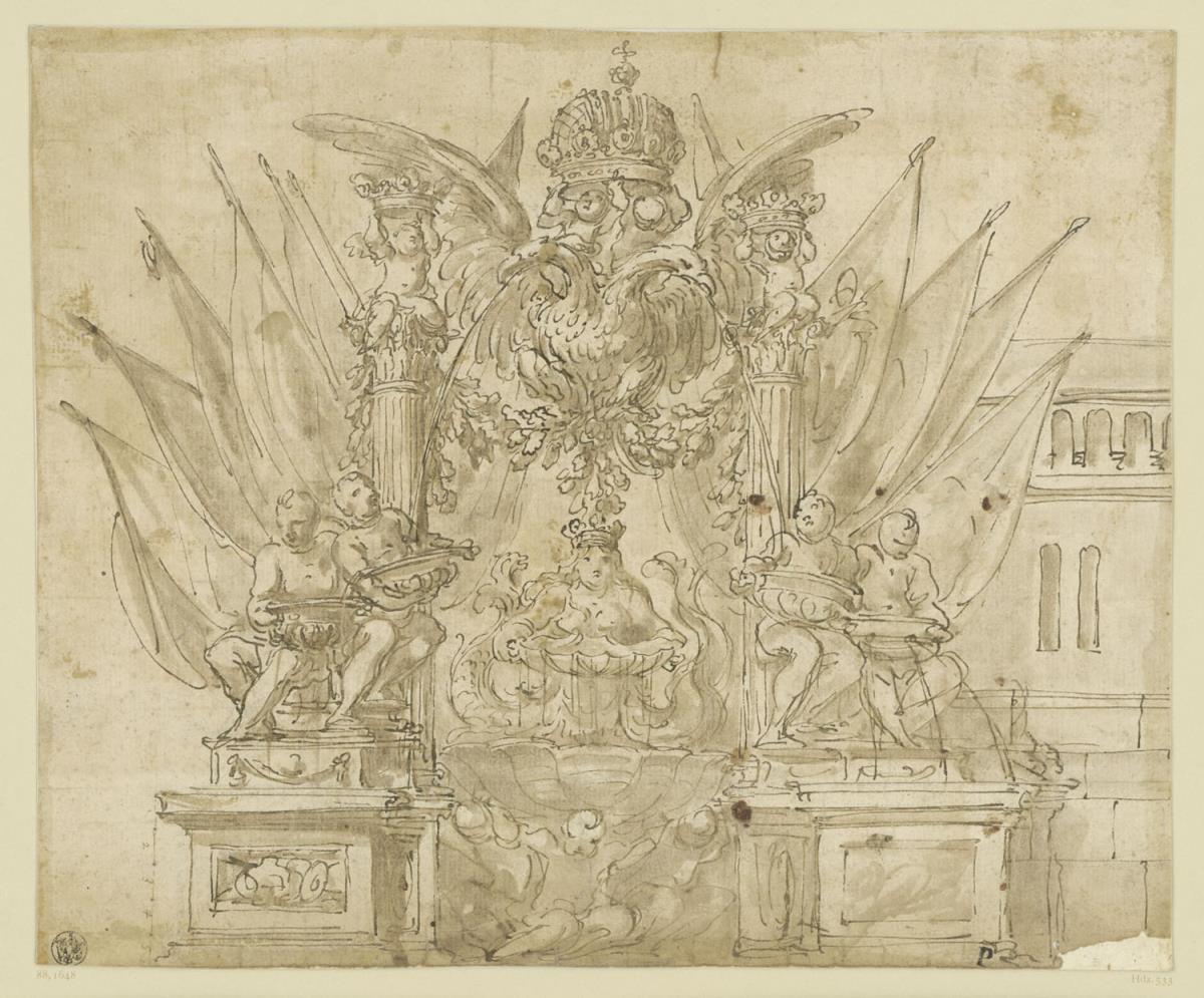 Festbrunnen mit kaiserlichen Doppeladler, Krone, Säulen und Fahnen