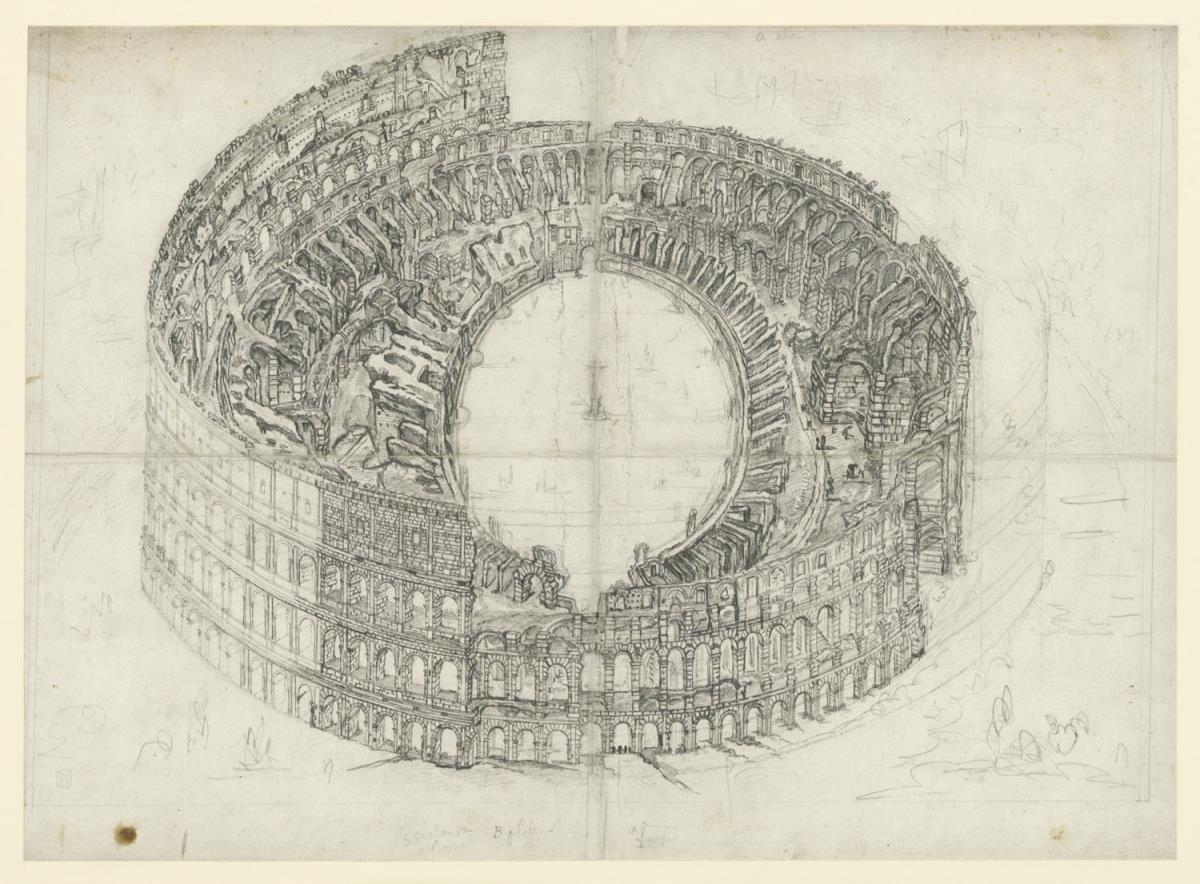 Colosseum aus der Vogelschau von Westen