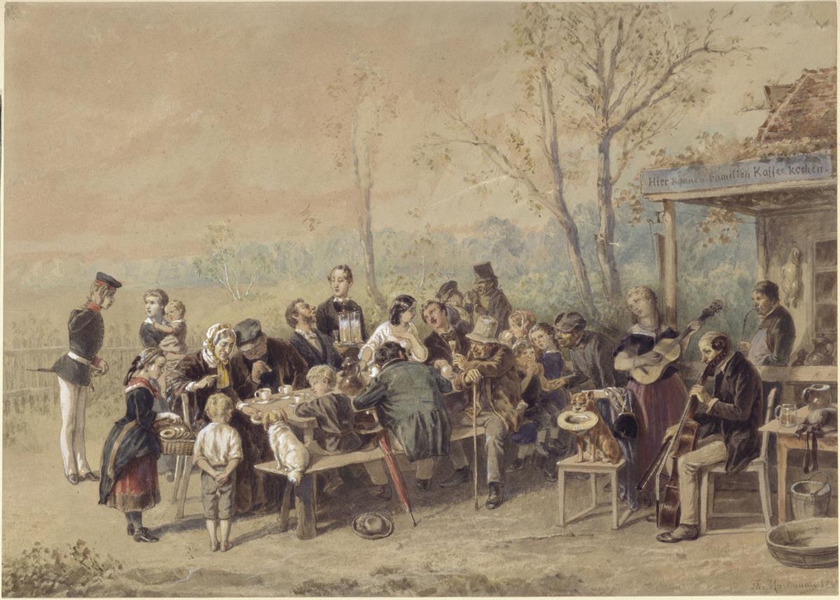 Gesellschaft im Gartenlokal (Hier können Familien Kaffee kochen)
