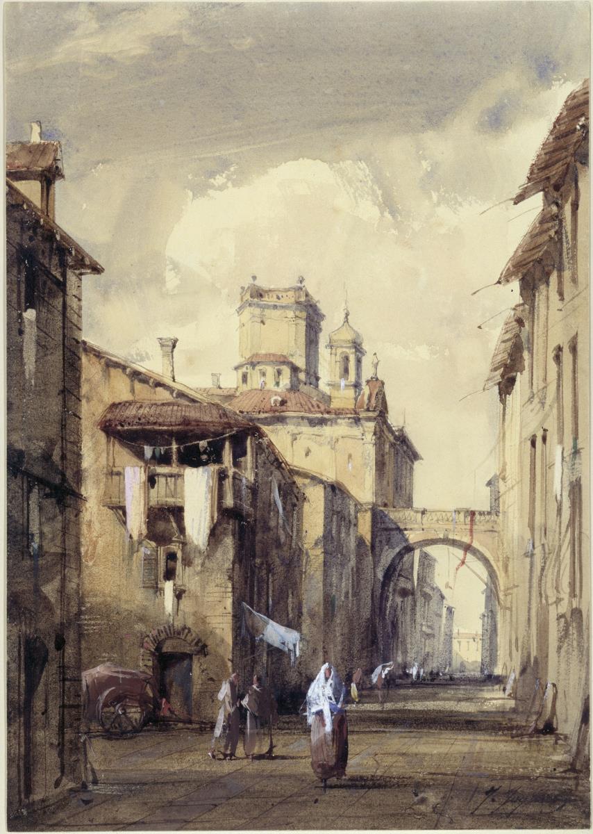Straße mit Verbindungsbrücke und figürlicher Staffage