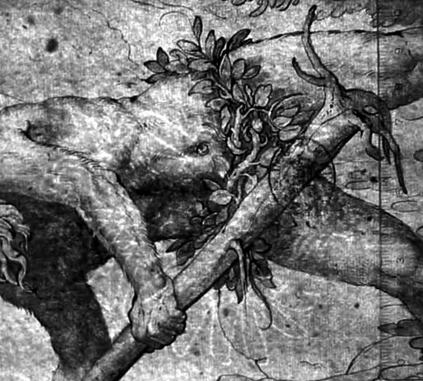 Wilder Mann, einen Baum schwingend, in Renaissanceeinfassung