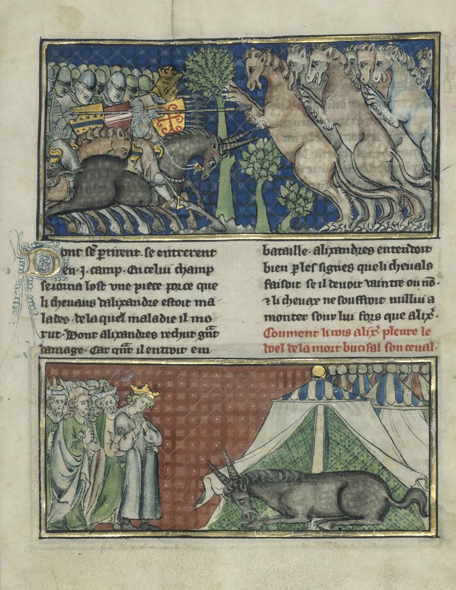Alexander-Roman. Wie Alexander gegen wilde Tiere kämpfte, die einen Pferdekopf und Löwenfüße hatten und dreißig Fuß hoch und sieben Fuß breit waren
