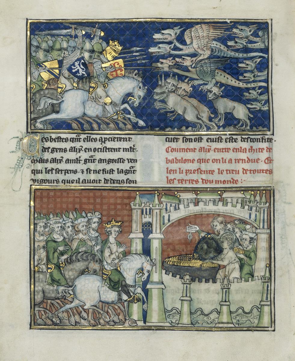 Alexander-Roman. Alexander kämpft mit Schlangen mit zwei Köpfen und Tieren, die acht Beine, acht Augen und zwei Hörner hatten