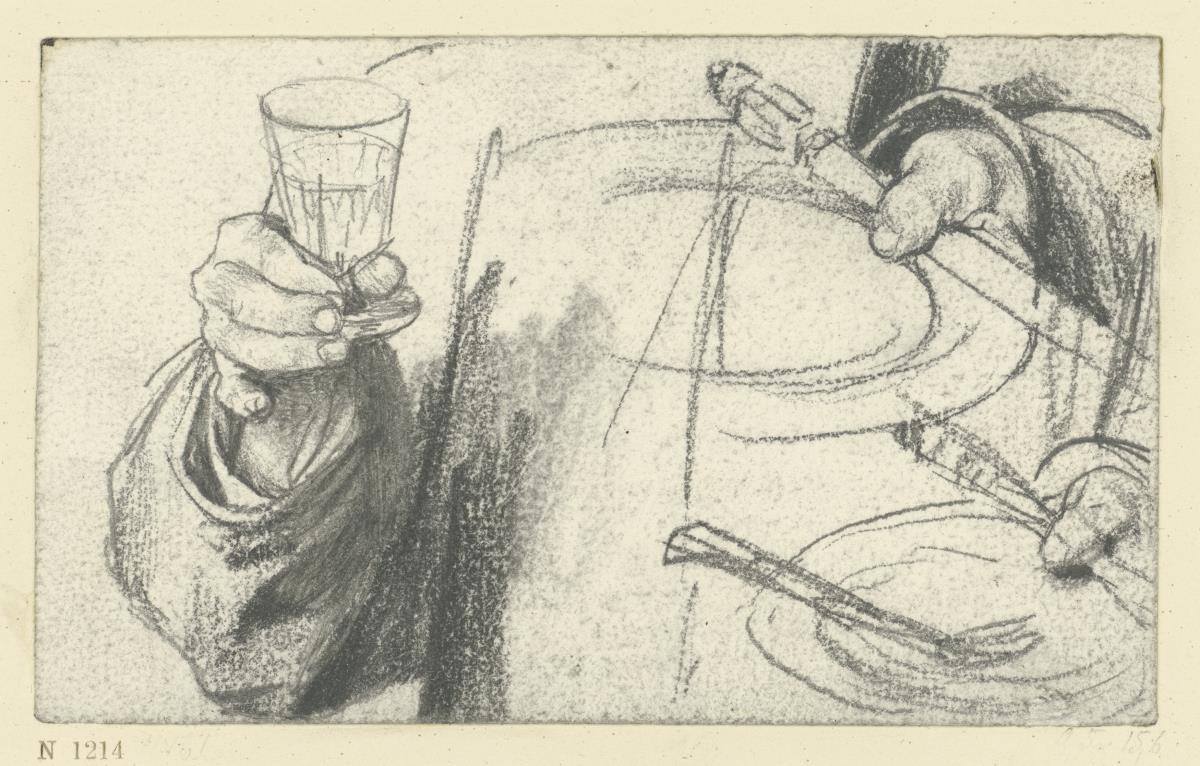 Studien vom Ballsouper: Hand mit Glas und Hand Teller mit Besteck haltend