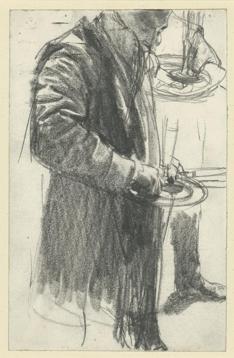 Studien vom Ballsouper: Stehender Herr mit Teller und Glas in der Hand, die Hand mit Teller und Glas wiederholt, Beinstudie
