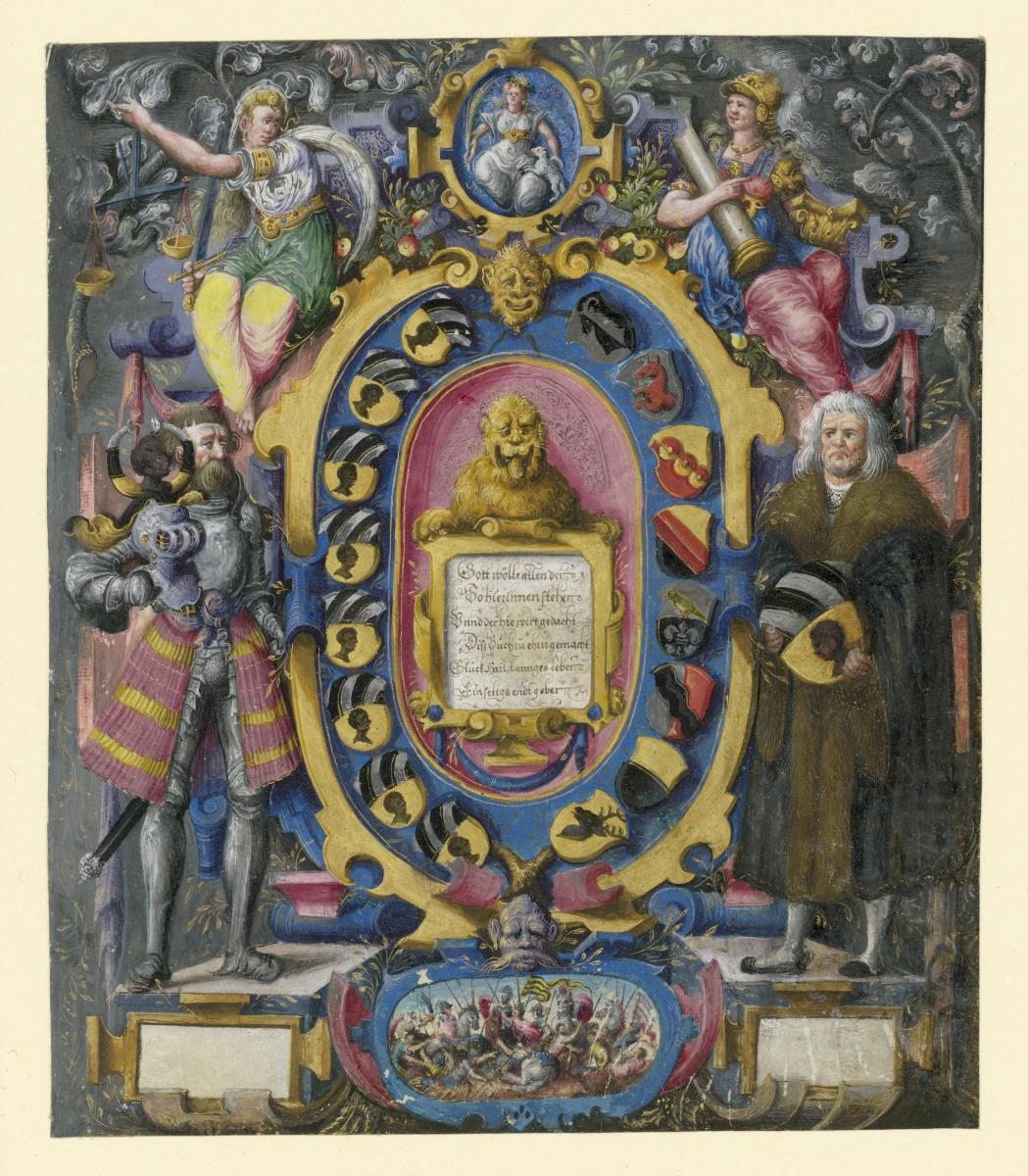Wappen mit Wappenträgern in Architekturrahmen