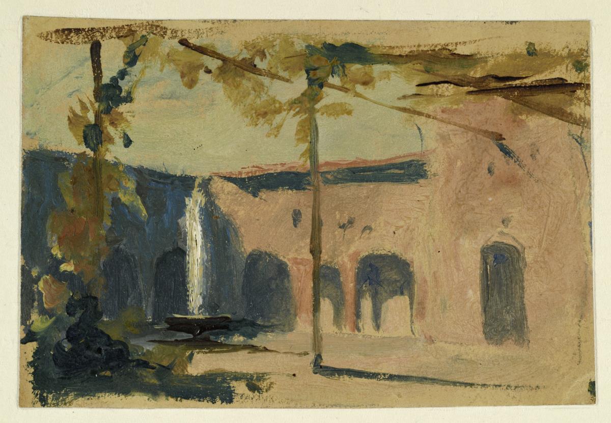 Hof mit Bogengängen und Springbrunnen