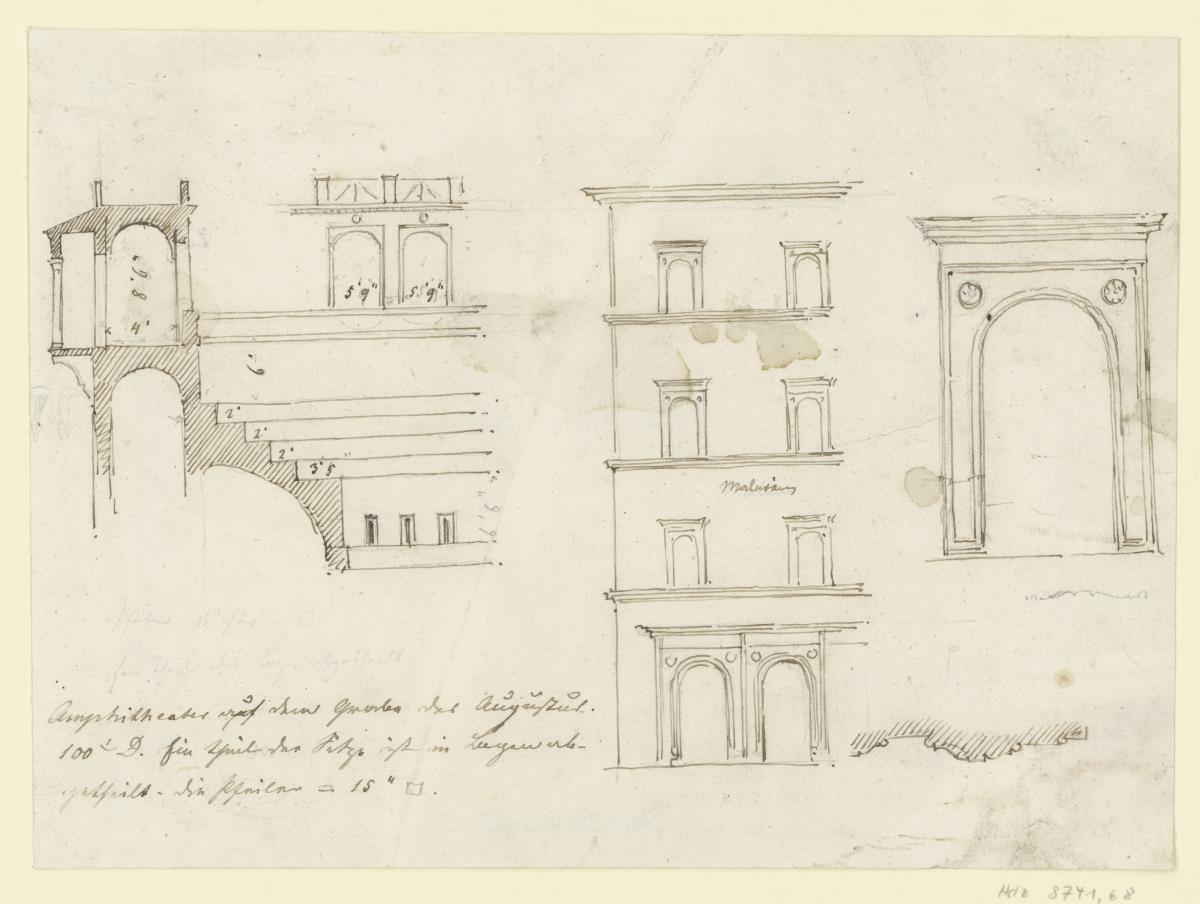 Rom, Diagonalschnitt durch das Amphitheater auf dem Grabe des Augustus, Fassade eines Palazzo