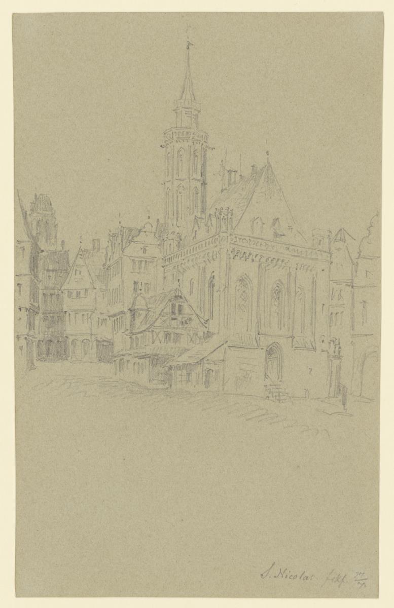 Frankfurt am Main, Nikolaikirche von Westen mit umliegenden Häusern