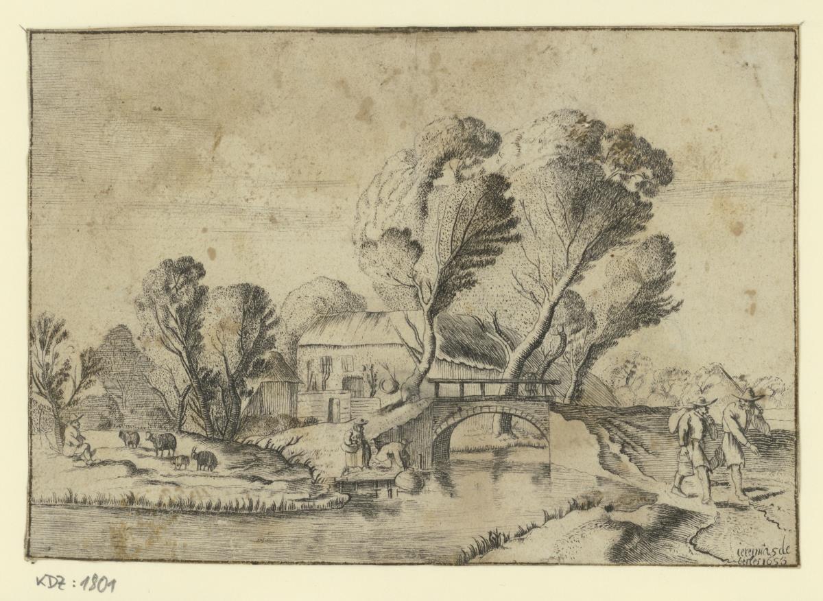 Flusslandschaft mit Gehöft, Bäumen, Brücke und verschiedenen Staffagefiguren