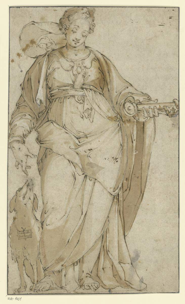 Allegorie / Stehende weibliche Figur mit Schlüssel und Hund