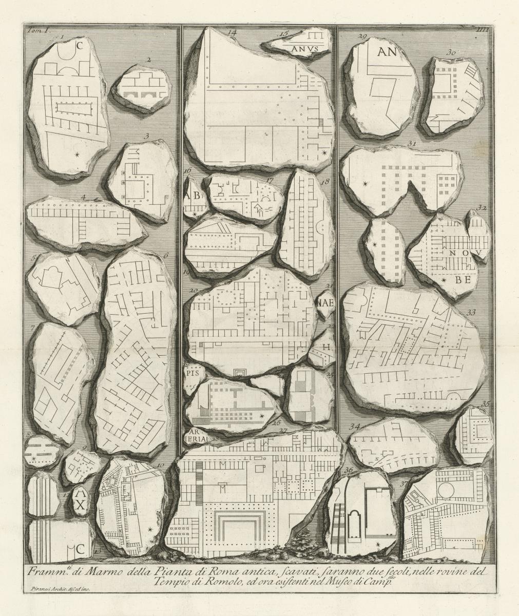Fragmente des antiken Marmorplans von Rom (Forma Urbis)
"Framm[en]ti di Marmo della Pianta di Roma antica" (Marmorfragmente des Plans vom antiken Rom)
In: Le Antichità Romane