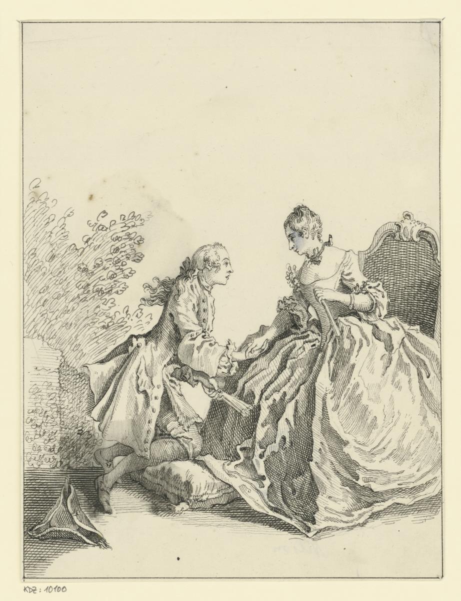 Adraste als Maler verkleidet, kniet vor Isidore und gesteht ihr seine Liebe (nach Bouchers Illustrationsentwurf für Molières „Le Sicilien, ou l'amour peintre“)